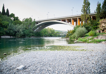 Podgorica view from below towards a road bridge crossing the Moraca river,Montenegro