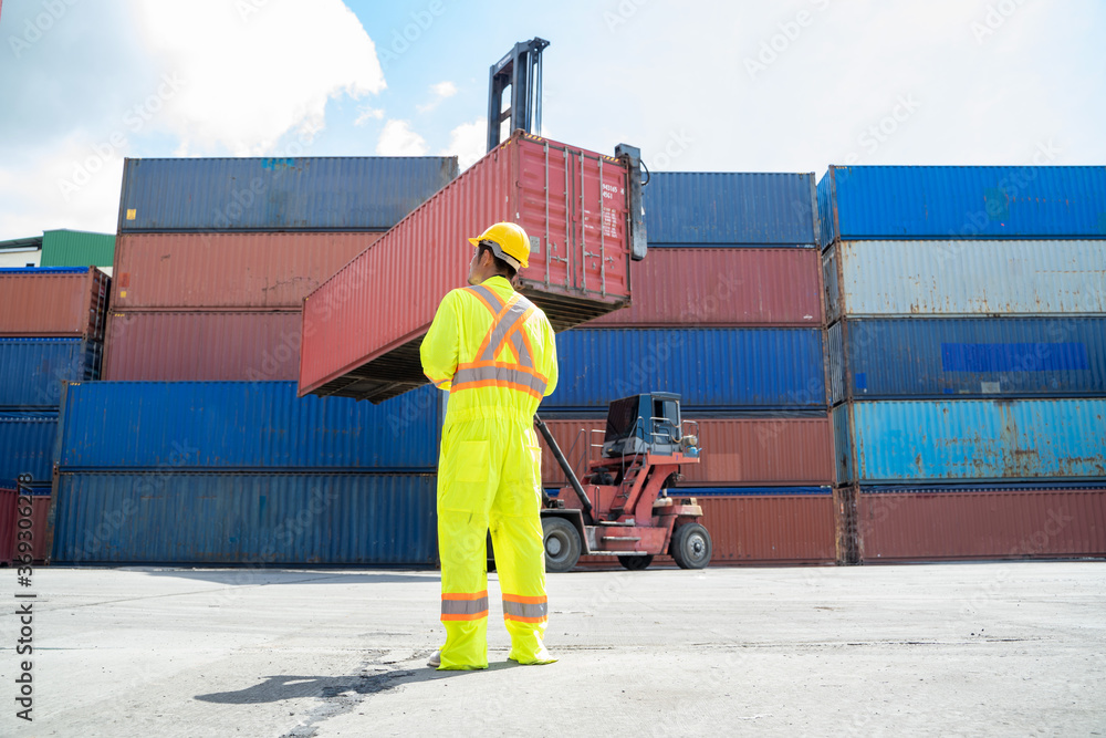 Poster container worker working at container cargo freight ship,business logistic concept, import and expor