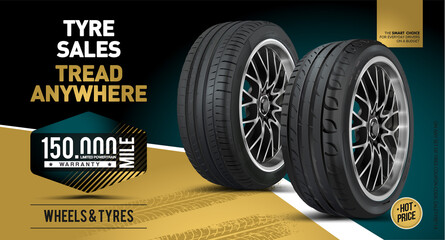 Car tire background. Vector automotive banner template. Grunge tire tracks backgrounds for landscape poster, digital banner, flyer, booklet, brochure and web design. Tire texture close up.
