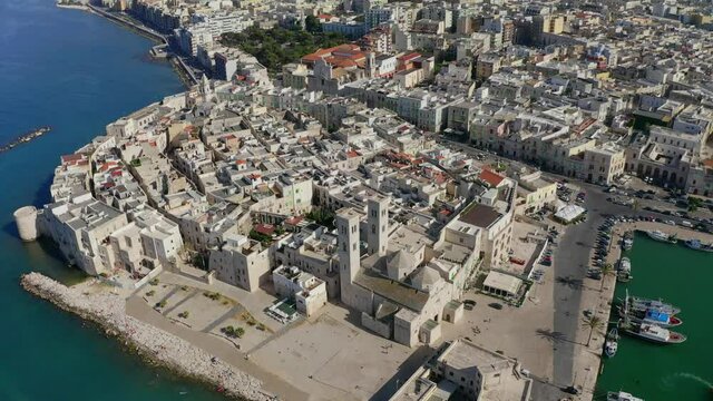 Aerial view:flight at old town and port, Dom Duomo Vecchio, San Corrado, Molfetta, Province of Bari, Apulia, Italy