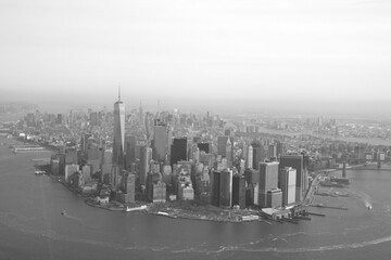 Aerial view of the New Big Apple, New York City (NYC), Manhattan, in Black and white, monochrome, USA, America.