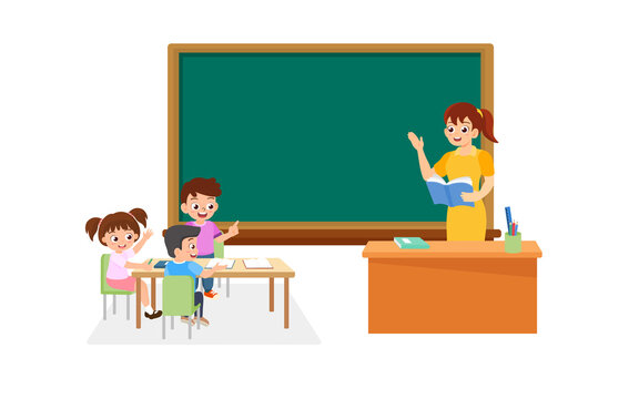 Little studens and teacher learning in the classroom. Concept vector illustration for education and back to school