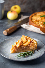 Slice of homemade delicious fresh baked Rustic Apple Pie on gray backgrounf