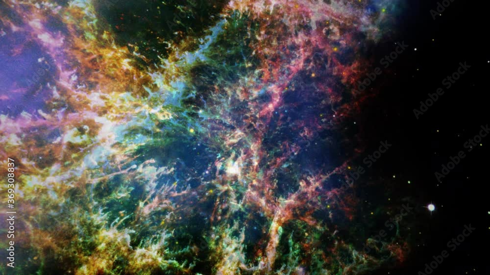 Poster Seamless loop space exploration Crab Nebula/Pulsar supernova galaxy animation. Traveling through star fields and galaxies. Elements of this image furnished by NASA. 4K 3D rendering looping animation.
