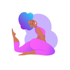 Plus size black curvy lady doing yoga class. Vector illustration isolated on white. Online home workout concept. Body positive. Attractive African American woman. Kapotasana or Pigeon Pose.
