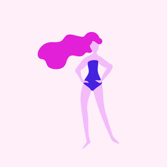Obraz na płótnie Canvas Sporty Woman in Swimming Suit Standing on the Beach. Fitness and Health Concept and Summer Vacation Cartoon Flat Vector Illustration. Proud Girl in Swimwear Feminism and Pride Concept.