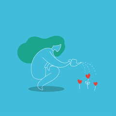 Woman Watering Love Flowers, Raising Feelings Freedom Concept, Care and Growth Relations and Valentine Holiday Lifestyle, Modern Mid Century Flat Vector Style Illustration