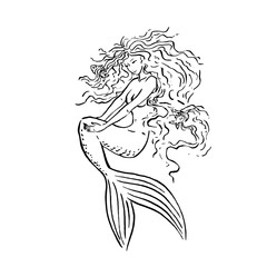 Vector mermaid brushing her hair with comb fishes