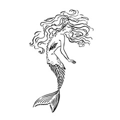 Vector Zombie Mermaid with fish bone illustration Halloween coloring page fairy tale illustration, undead mermaid  for October spooky helloween, isolated on white