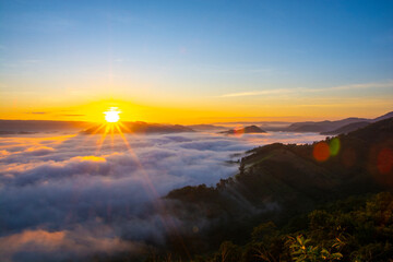 Beautiful landscape in the mountains at sunrise with mist and fog sunrays at mekong River Thai-Laos border Nong Khai province,Thailand. (selective focus and white balance shifting applied)