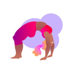 Plus size black curvy lady doing yoga class. Vector illustration isolated on white. Online home workout. Body positive. Attractive African American woman. Urdhva Dhanurasana, Upward Bow or Wheel Pose.