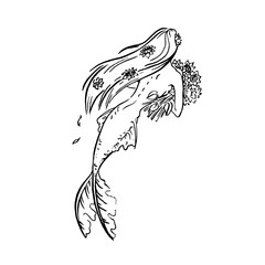 Vector Mermaid with sunflowers flowers bouquet illustration, coloring page or fairy tale illustration black isolated on white.