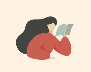 Student woman Reading Book and Thinking, Sitting at Table, Reading Out loud, Minimal Middle Century Flat Vector Illustration Portrait about Education and Leisure Hobby.