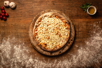 Top down pizza on wooden table for restaurant menu