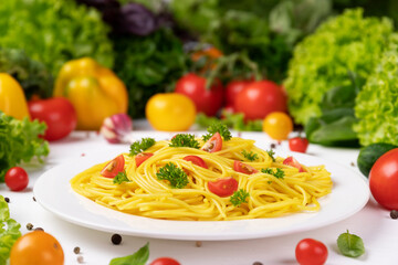 Plate of italian pasta, spaghetti with tomatoes and basil leaves