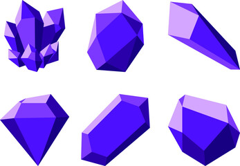 Clusters of purple amethyst crystals or raw gemstones 