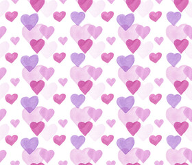 Vector Watercolor hearts Seamless pattern for  Valentine Day. Watercolour Hand Drawn Endless Ornament for Romantic Wallpaper or Wrapping Paper and Textile Design. Pink Purple and Violet pastels.