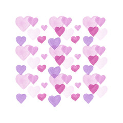 Vector Watercolor hearts on Valentine Day Card Template. Watercolour Hand Drawn Background for Romantic Design. Pink Purple and Violet flying hearts Illustration Isolated on White.