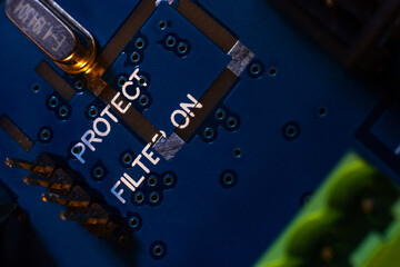 Printed circuit board with many electrical components. Technological equipment of modern data...