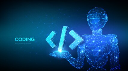 Programming code icon. Abstract 3d robot holding programming code symbol in hand. Coding or Hacker background. Automation software technology process system. Development concept. Vector Illustration.