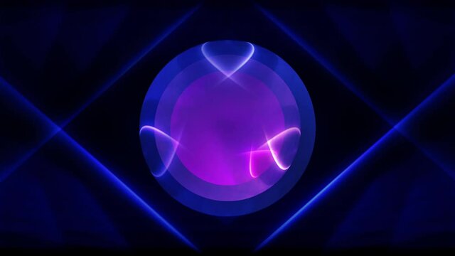 Abstract scientific quantum electrical light pulse blue purple crystal ball in futuristic dark blue background. 4K 3D seamless looping. Animated fantasy spiritual meditation neon light orb.