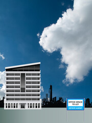 Vacant modern office block building reflecting the global economic recession with generic silhouetted city skyline set against a blue cloudy sky