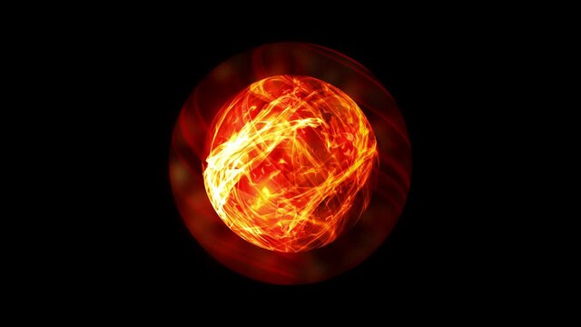 Abstract magic energy crystal ball. Glowing glass sphere with fire effect orb spin inside. 4K 3D rendering seamless loop. Astrology mystic sphere vj visual animation. Spiritual meditation plasma ball.