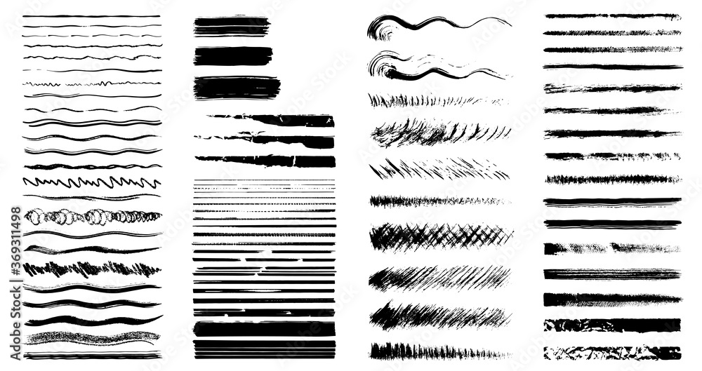 Poster grunge black rough brush strokes vector set. abstract brush rough black and crosshatch pen brush lin