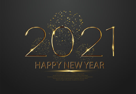 Happy new 2021 year. Elegant gold text with light. Party poster, banner or invitation gold glittering stars confetti glitter decoration. Liquid numbers 2021 are isolated on a grey background. Vector