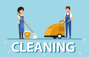 housekeeping couple workers with tools characters