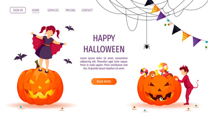 Website design for Halloween with children dressed in costumes of imp and bat around scary pumpkins with candies. Webs and spider. Vector illustration for poster, banner, flyer, web page.