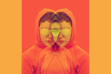Art collage with alternative funky girl with overlay effect on bright multicolors background. Close up fashion portrait young beautiful woman in hoodie and white glasses. Unusual youth fashion concept