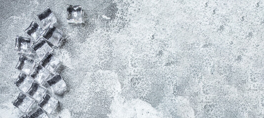ice artificial transparent acrylic pieces plastic reusable food background top view copy space...