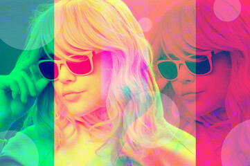 Art collage with alternative funky girl with overlay effect on bright multicolors background. Close up fashion portrait young beautiful woman in glasses. Unusual youth fashion concept