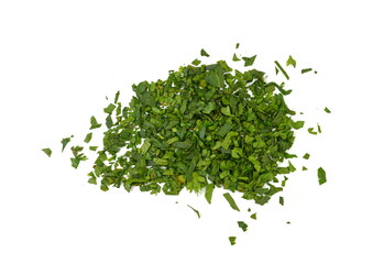 Fresh green celery leaves. Chopped fresh celery leaves isolated on white. Aromatic Spice celery leaves.
