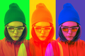 Art collage with alternative funky girl with overlay effect on bright multicolors background. Close up fashion portrait young beautiful woman in glasses. Unusual youth fashion concept.