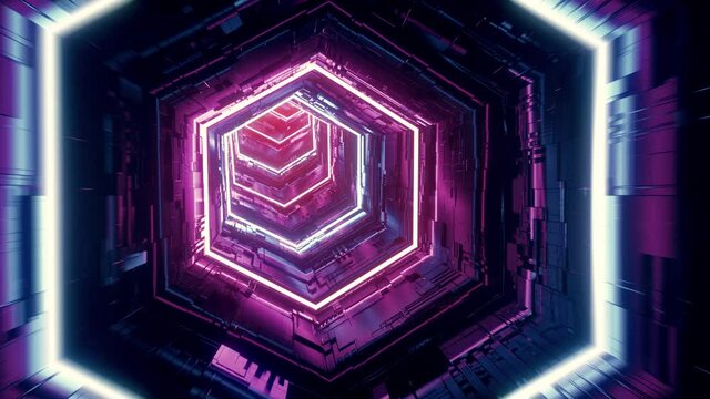 Flight in abstract sci-fi tunnel seamless loop. Futuristic VJ motion graphics for music video, EDM club concert, high tech background. Time warp portal, lightspeed hyperspace concept. 4k 3D animation