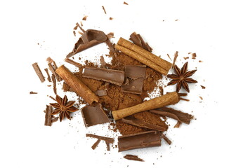 Cinnamon sticks and anise star isolated on white background close up. Spice, chocolate, cocoa, Cinnamon sticks and anise star.