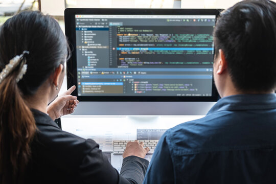Team of programmer brainstorming and programming in website working a software