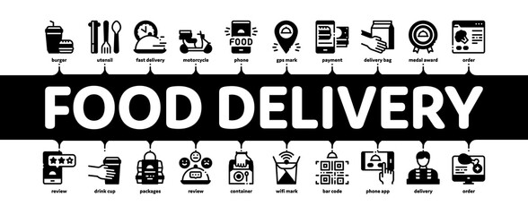 Food Delivery Service Minimal Infographic Web Banner Vector. Food Delivery Boy And Motorcycle, Online Order And Phone Application, Utensil And Nutrition Illustration