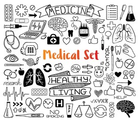 Medical doodles set of icons isolated on white background