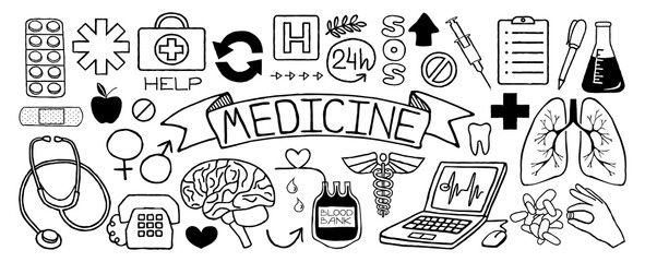 Medical doodles set of icons isolated on white background