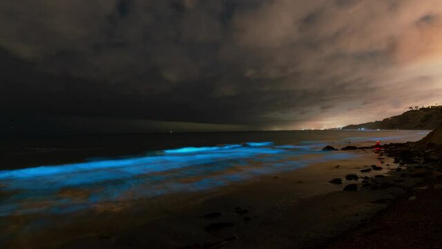Time lapse of Bioluminescent glowing waves at Southern California Coast