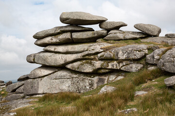 The Cheesewring stone cairns, a pile of large flat stones in Cornwall, UK