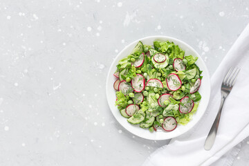 Fresh salad of cucumbers, radishes, green peas and herbs in white bowl. Top view