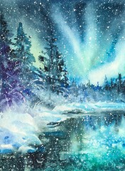 Watercolor view of the beautiful winter landscape. Aurora Borealis (Northern Lights) . Winter background: green , blue, white. Design element. Copy space. 