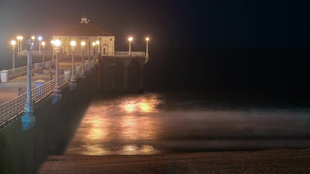 Time lapse telephoto shot of Bioluminescent glowing waves at Manhattan Beach Pier in Los Angeles, California