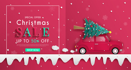 Christmas sales banner design. and christmas tree is on the red car. and cold weather in the winter season. and the design of origami or paper cutting. and can be used as a background.