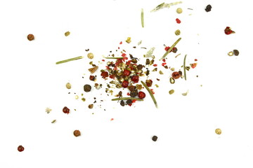  Dry rosemary and multicolored pepper. Mixed spices isolated on white background.