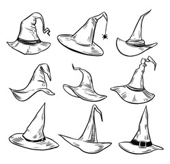 Set of witch hats. Halloween. Vector outline
